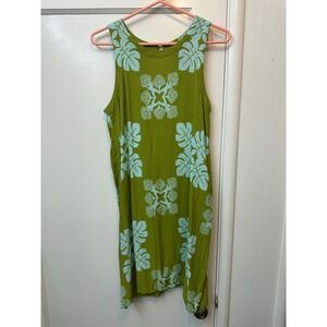 Hamakua Womens Small Green Blue Tropical Leaf Rayon Sleeveless Shift Dress